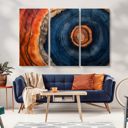 72209152-MGV-CV-36X24-Abstract Tree Ring Wall Art – Vibrant Blue Orange Wood Grain Canvas Print, Rustic Modern Nature Artwork for Living Room, Office,