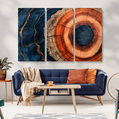 41123192-MGV-CV-36X24-Tree Ring Canvas Wall Art – Abstract Blue Orange Wood Grain Print, Rustic Modern Nature Artwork for Living Room, Bedroom, Office