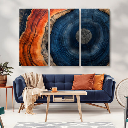 99491700-MGV-CV-36X24-Tree Ring Canvas Wall Art – Blue Orange Abstract Wood Grain Print, Rustic Modern Nature Artwork for Living Room, Office, Bedroom