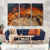 65909987-MGV-CV-48X32-3P-Rustic Tree Ring Wall Art – Nature Inspired Wooden Texture Canvas Print, Modern Abstract Artwork for Living Room, Bedroom, Office