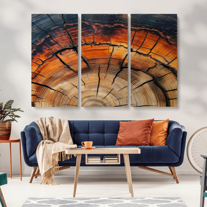 65909987-MGV-CV-48X32-3P-Rustic Tree Ring Wall Art – Nature Inspired Wooden Texture Canvas Print, Modern Abstract Artwork for Living Room, Bedroom, Office