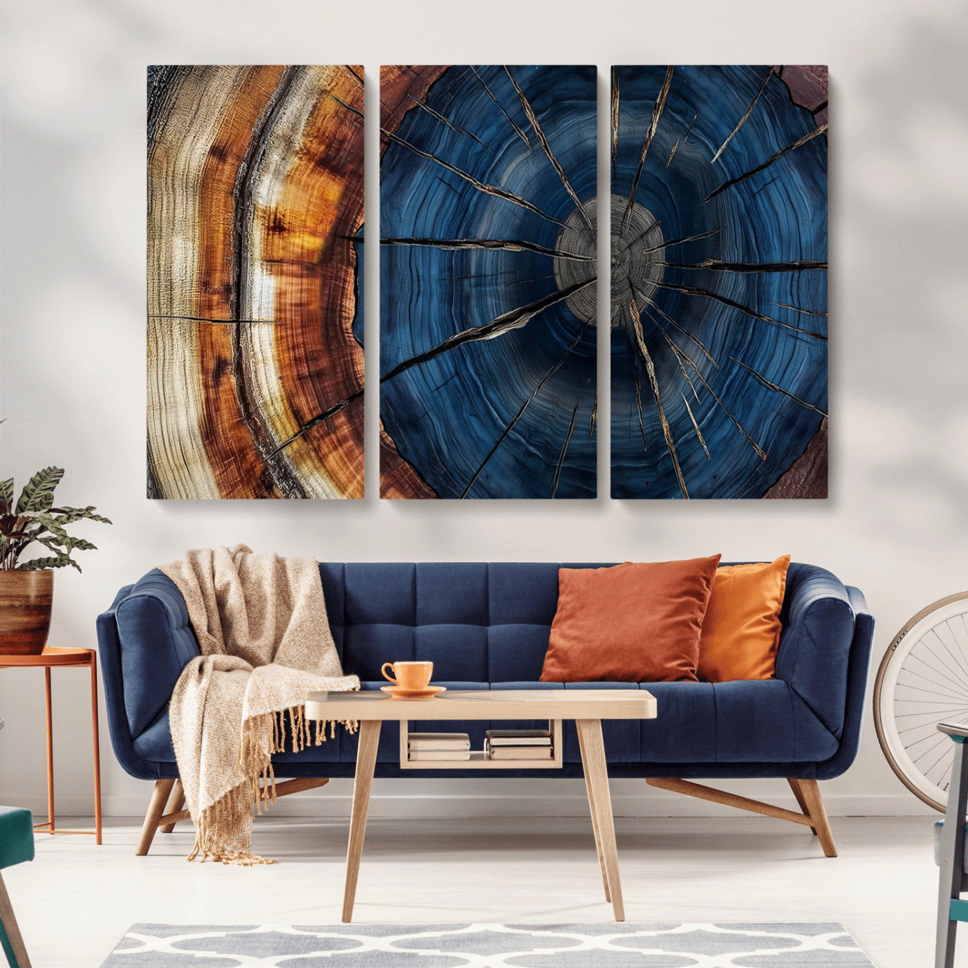 60099360-MGV-CV-36X24-Blue Tree Ring Wall Art – Rustic Wood Grain Canvas Print, Modern Abstract Artwork with Natural Texture for Living Room, Bedroom,