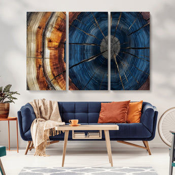 60099360-MGV-CV-36X24-Blue Tree Ring Wall Art – Rustic Wood Grain Canvas Print, Modern Abstract Artwork with Natural Texture for Living Room, Bedroom,