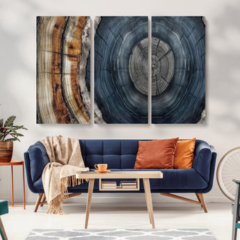 91368647-MGV-CV-36X24-Smoky Blue Tree Ring Wall Art – Rustic Wood Cross Section Canvas Print, Modern Nature Inspired Decor for Living Room, Office, or