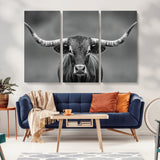 81228550-MGV-CV-36X24-Framed Texas Longhorn Bull Art Canvas Print, Western Bull Wall Art Print, Long Horn Bull Photo Print for Log Cabin, Large Bull