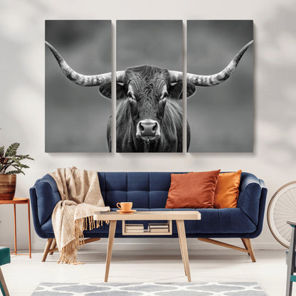 81228550-MGV-CV-36X24-Framed Texas Longhorn Bull Art Canvas Print, Western Bull Wall Art Print, Long Horn Bull Photo Print for Log Cabin, Large Bull