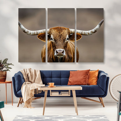 12179171-MGV-CV-36X24-Texas Longhorn Wall Art Canvas Print, Framed Brown Bull Art Picture Print, Lone Cattle Perfect Rustic Western Decor Artwork