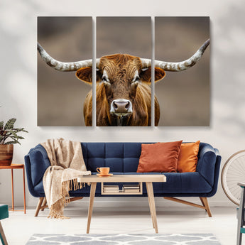 12179171-MGV-CV-36X24-Texas Longhorn Wall Art Canvas Print, Framed Brown Bull Art Picture Print, Lone Cattle Perfect Rustic Western Decor Artwork