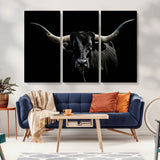 37531960-MGV-CV-36X24-Black Longhorn Bull Wall Art – Dramatic Western Cattle Canvas Print, Rustic Farmhouse Animal Artwork for Living Room, Bedroom,