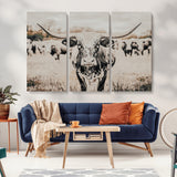 27497342-MGV-CV-36X24-Texas Longhorn Wall Art Canvas Print, Framed Speckled Cow Art Picture Print, Horned Cattle Perfect Rustic Western Decor Artwork