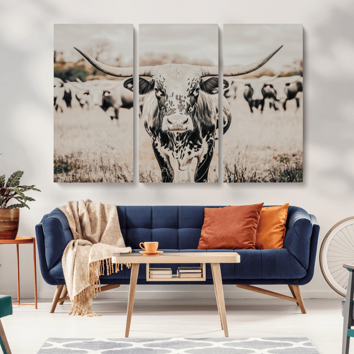 27497342-MGV-CV-36X24-Texas Longhorn Wall Art Canvas Print, Framed Speckled Cow Art Picture Print, Horned Cattle Perfect Rustic Western Decor Artwork