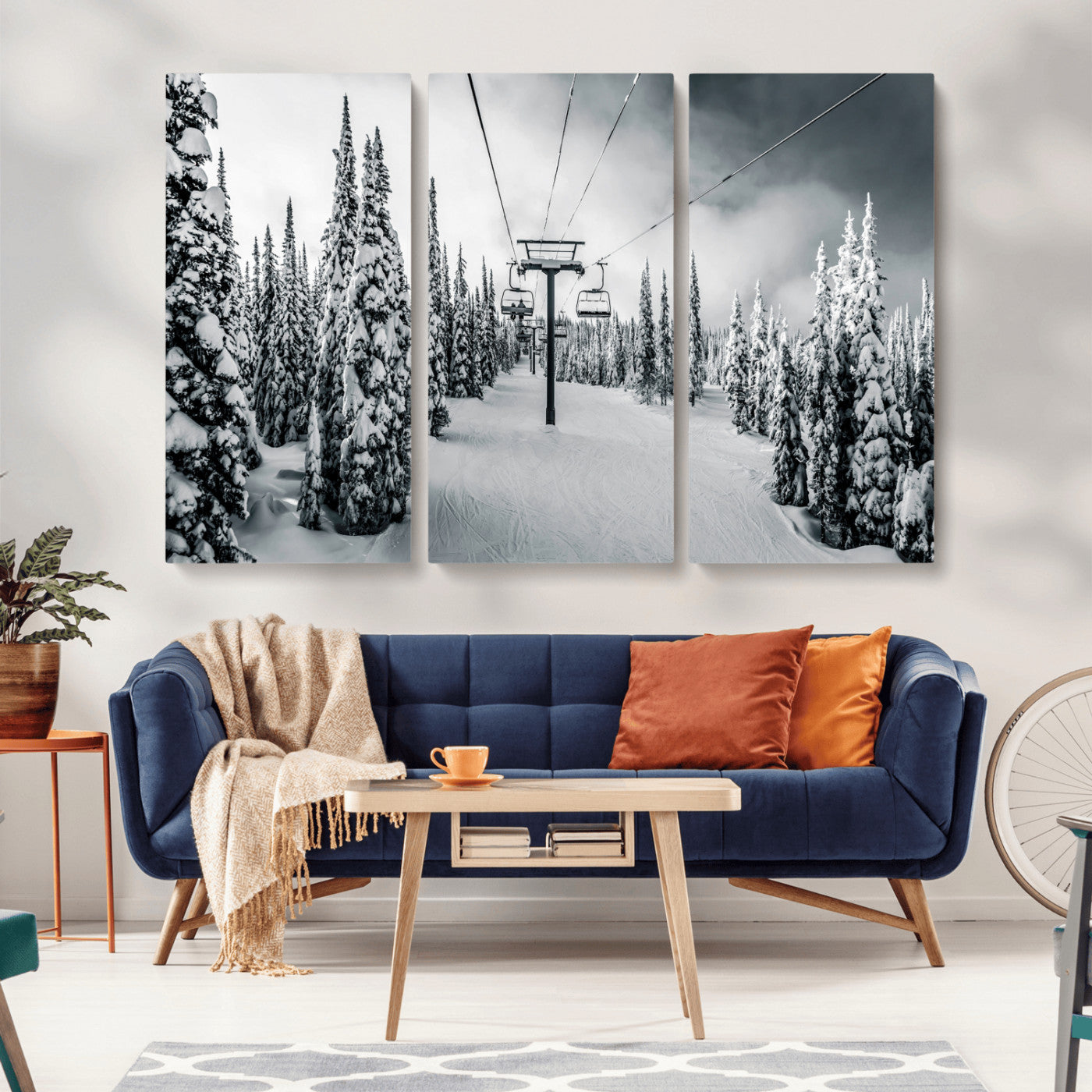 31156828-MGV-CV-36X24-Snowy Pines Wall Art Canvas Print, Framed Ski Lift Art Picture Print, Winter Forest Perfect Moody Lodge Decor Artwork