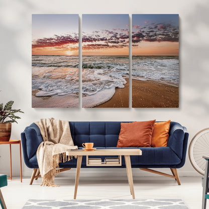 39846389-MGV-CV-36X24-Ocean Sunset Wall Art Canvas Print, Framed Sandy Shore Art Picture Print, Gentle Waves Perfect Minimalist Coastal Decor Artwork