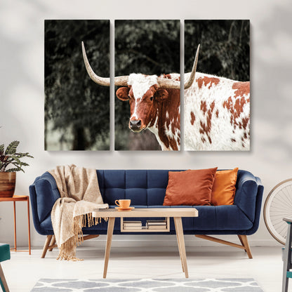 54027638-MGV-CV-36X24-Texas Longhorn Wall Art Canvas Print, Framed Spotted Cow Art Picture Print, Horned Bull Perfect Rustic Western Decor Artwork