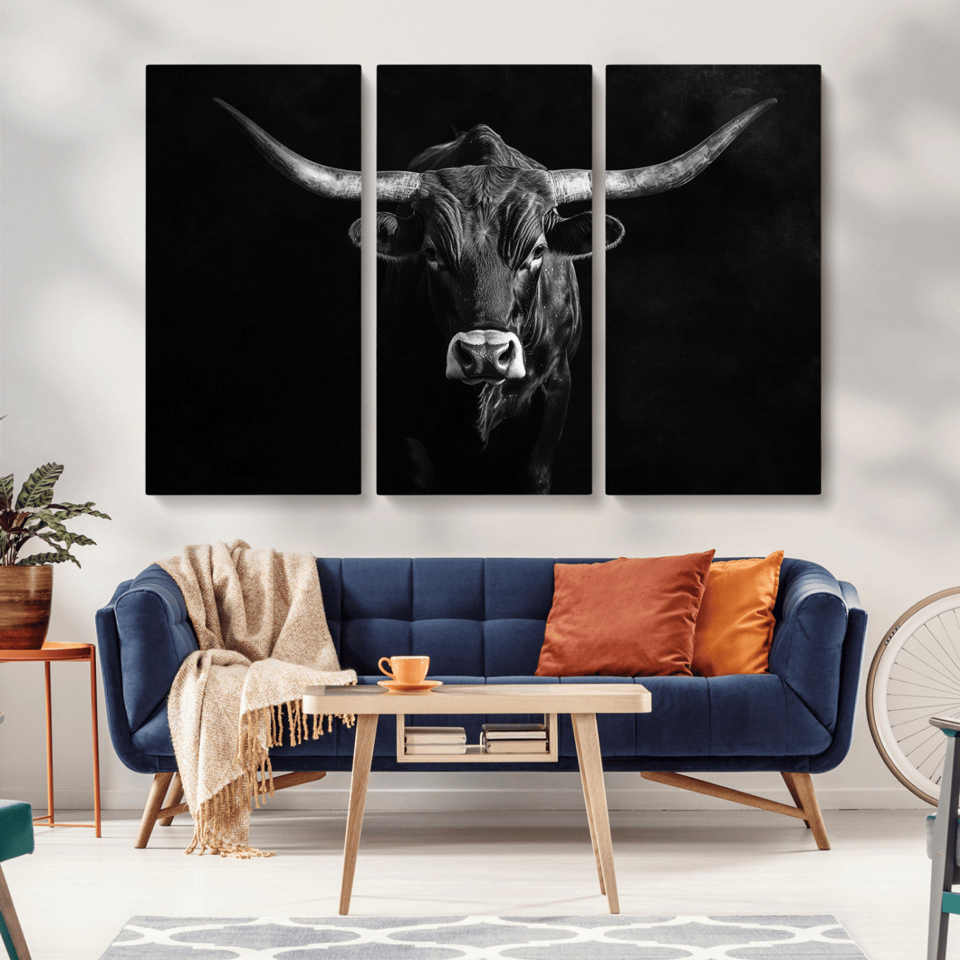 42077175-MGV-CV-36X24-Texas Longhorn Wall Art Canvas Print, Framed Monochrome Bull Art Picture Print, Horned Bull Perfect Rustic Western Decor Artwork