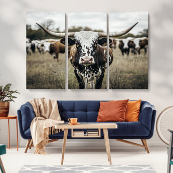 79025945-MGV-CV-36X24-Texas Longhorn Wall Art Canvas Print, Framed Speckled Cow Art Picture Print, Horned Cattle Perfect Rustic Western Decor Artwork