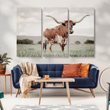28309012-MGV-CV-36X24-Texas Longhorn Wall Art Canvas Print, Framed Spotted Cattle Art Picture Print, Horned Bull Perfect Rustic Western Decor Artwork