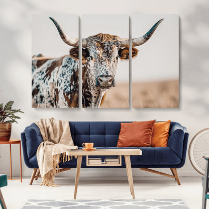 70414966-MGV-CV-36X24-Texas Longhorn Wall Art Canvas Print, Framed Speckled Cow Art Picture Print, Horned Bull Perfect Rustic Western Decor Artwork