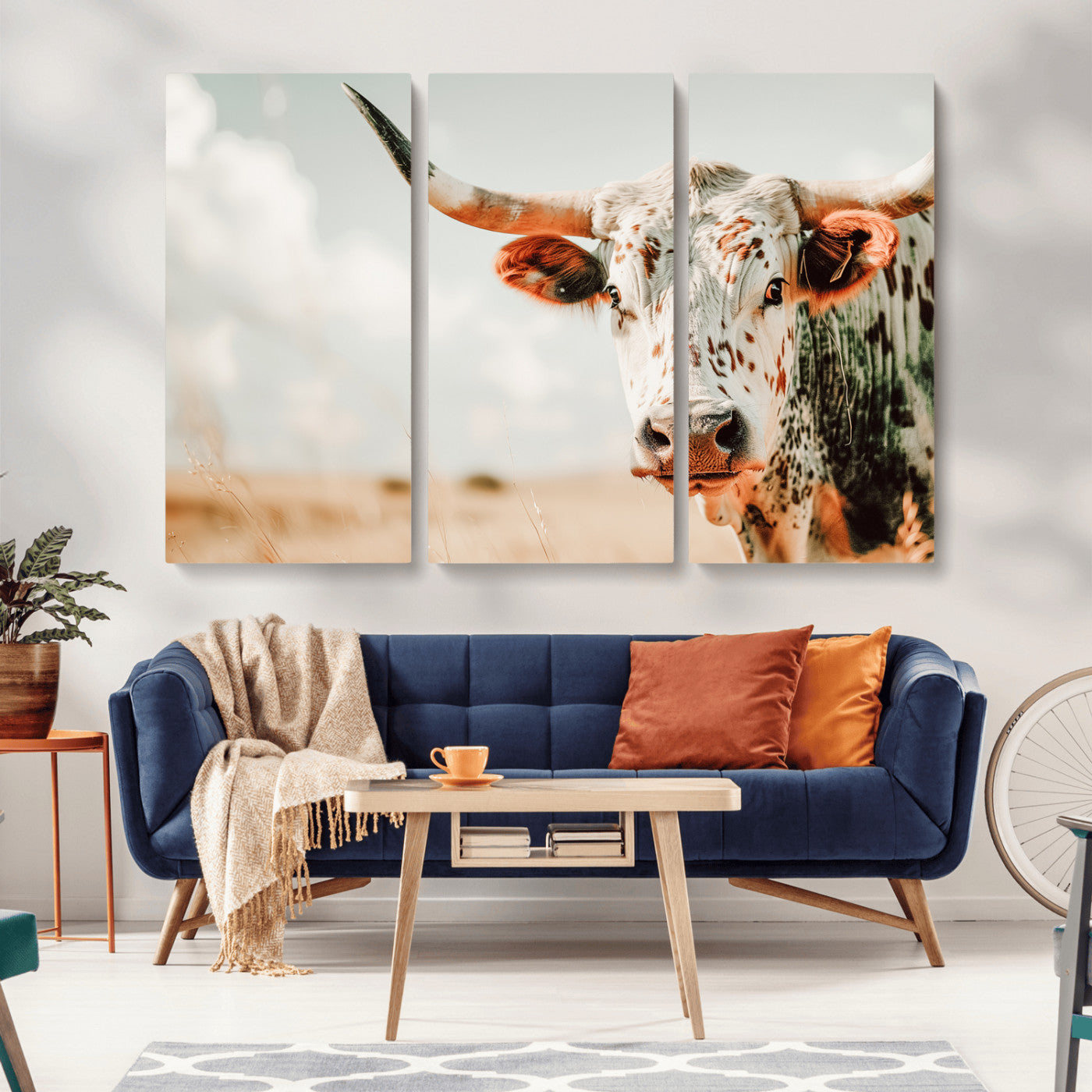 72766375-MGV-CV-36X24-Texas Longhorn Wall Art Canvas Print, Framed Spotted Cow Art Picture Print, Horned Cattle Perfect Rustic Western Decor Artwork