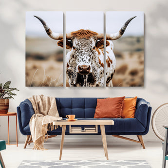 76294381-MGV-CV-36X24-Texas Longhorn Wall Art Canvas Print, Framed Spotted Cow Art Picture Print, Horned Cattle Perfect Rustic Western Decor Artwork