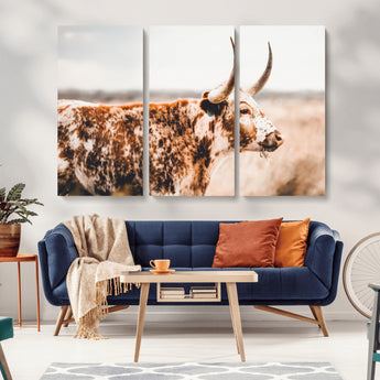 11528295-MGV-CV-36X24-Speckled Longhorn Wall Art Canvas Print, Framed Texas Cattle Art Picture Print, Horned Cow Perfect Rustic Western Decor Artwork