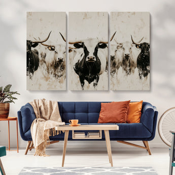 12027562-MGV-CV-36X24-Longhorn Cattle Wall Art Canvas Print, Framed Bison Herd Art Picture Print, Cattle Group Perfect Rustic Farmhouse Decor Artwork