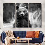 MGV-CV-48X32-3P - Grizzly Bear Wall Art Canvas Print, Framed Black White Bear Art Picture Print, Wild Bear Perfect Rustic Wildlife Decor Artwork
