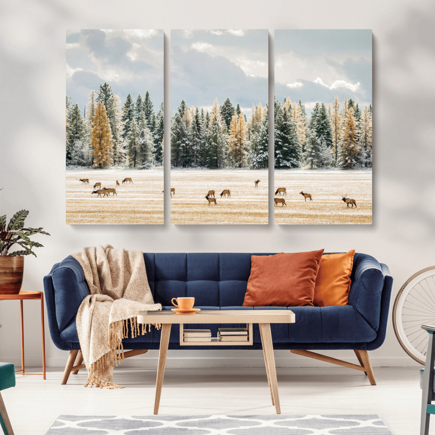 64188182-MGV-CV-36X24-Elk Herd Wall Art Canvas Print, Framed Snowy Forest Art Picture Print, Forest Elks Perfect Neutral Rustic Decor Artwork