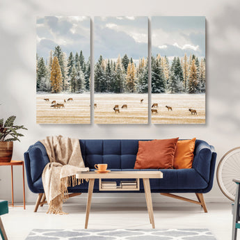 64188182-MGV-CV-36X24-Elk Herd Wall Art Canvas Print, Framed Snowy Forest Art Picture Print, Forest Elks Perfect Neutral Rustic Decor Artwork