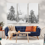 55003599-MGV-CV-36X24-Snowy Ski Lift Wall Art Canvas Print, Framed Winter Forest Art Picture Print, Ski lift Ride Perfect Winter Lodge Decor Artwork