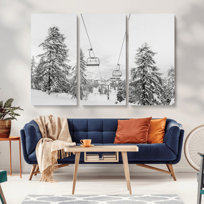 55003599-MGV-CV-36X24-Snowy Ski Lift Wall Art Canvas Print, Framed Winter Forest Art Picture Print, Ski lift Ride Perfect Winter Lodge Decor Artwork
