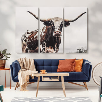 95249234-MGV-CV-36X24-Texas Longhorn Wall Art Canvas Print, Framed Spotted Bull Art Picture Print, Horned Cattle Perfect Rustic Farmhouse Decor Artwork