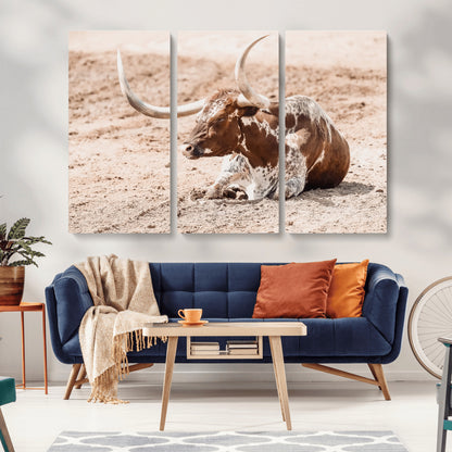 91248682-MGV-CV-36X24-Texas Longhorn Wall Art Canvas Print, Framed Resting Bull Art Picture Print, Spotted Cattle Perfect Rustic Western Decor Artwork