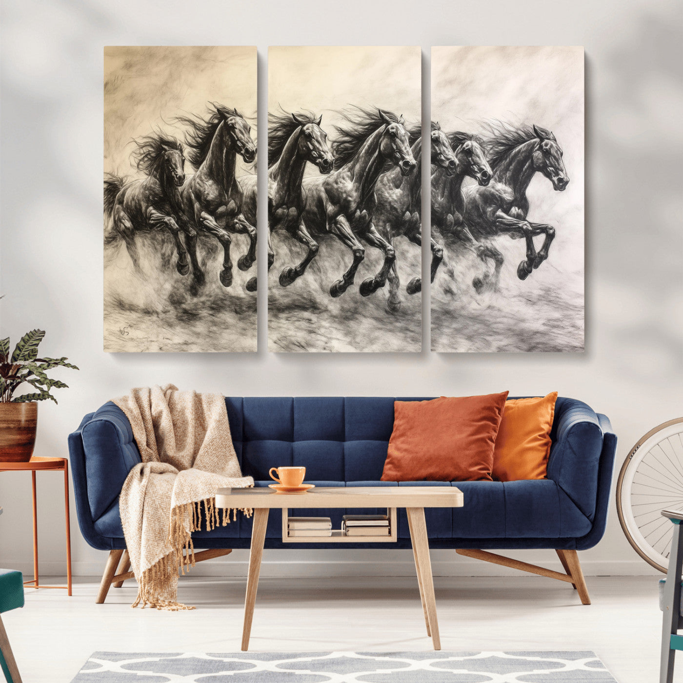 56089591-MGV-CV-36X24-Galloping Horses Wall Art Canvas Print, Framed Wild Stallions Art Picture Print, Horse Herd Sketch Perfect Monochrome Dynamic