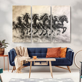 56089591-MGV-CV-36X24-Galloping Horses Wall Art Canvas Print, Framed Wild Stallions Art Picture Print, Horse Herd Sketch Perfect Monochrome Dynamic