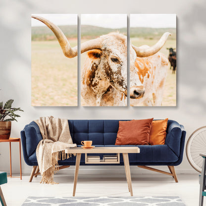 21060648-MGV-CV-36X24-Texas Longhorn Wall Art Canvas Print, Framed Speckled Cow Art Picture Print, Rustic Bull Perfect Rustic Western Decor Artwork