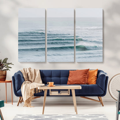73969318-MGV-CV-36X24-Ocean Waves Wall Art Canvas Print, Framed Surfer Lineup Art Picture Print, Crowded Ocean Perfect Minimal Coastal Decor Artwork