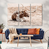 25407592-MGV-CV-36X24-Texas Longhorn Wall Art Canvas Print, Framed Resting Bull Art Picture Print, Spotted Cattle Perfect Rustic Western Decor Artwork