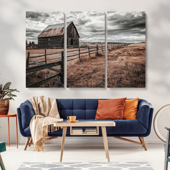 73898372-MGV-CV-36X24-Rustic Barn Wall Art Canvas Print, Framed Moody Field Art Picture Print, Weathered Fence Perfect Moody Farmhouse Decor Artwork