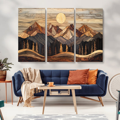 50100230-MGV-CV-36X24-Wooden Mountain Wall Art – Rustic Nature Landscape Canvas Print, Handmade Style Sun, Forest, and Peaks Artwork for Living Room,