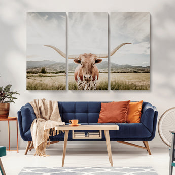 80054319-MGV-CV-36X24-Longhorn Wall Art – Rustic Western Canvas Print, Majestic Bull Artwork for Farmhouse, Ranch or Living Room