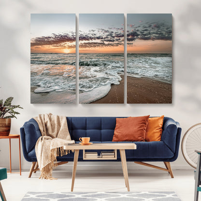 40632752-MGV-CV-36X24-Ocean Sunset Wall Art Canvas Print, Framed Beach Waves Art Picture Print, Coastal Scene Perfect Coastal Decor Artwork
