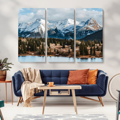36247746-MGV-CV-36X24-Snowy Peaks Wall Art Canvas Print, Framed Alpine Lake Art Picture Print, Pine Forest Perfect Alpine Wilderness Decor Artwork