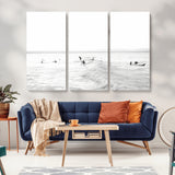 33449548-MGV-CV-36X24-Group Surfers Wall Art Canvas Print, Framed Ocean Wave Art Picture Print, Surf Crowd Perfect Monochrome Surf Decor Artwork