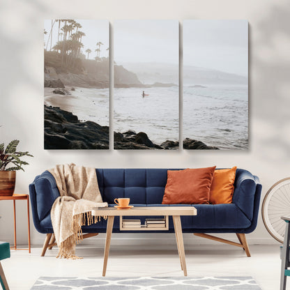 62501405-MGV-CV-36X24-Misty Beach Wall Art Canvas Print, Framed California Surfer Art Picture Print, Coastal Cliff Perfect Coastal Beach Decor Artwork