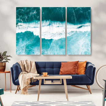 23828594-MGV-CV-48X32-3P-Aerial Waves Wall Art Canvas Print, Framed Ocean Break Art Picture Print, Sea Foam Perfect Tropical Coastal Decor Artwork