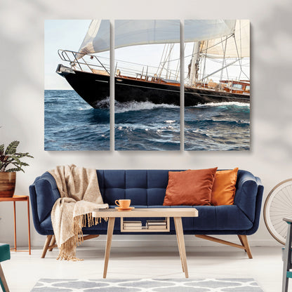 97168626-MGV-CV-36X24-Sailing Yacht Wall Art Canvas Print, Framed Wooden Yacht Art Picture Print, Ocean Waves Perfect Nautical Coastal Decor Artwork