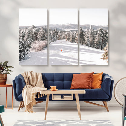 62119206-MGV-CV-36X24-Snowy Trail Wall Art Canvas Print, Framed Ski Slope Art Picture Print, Winter Pines Perfect Alpine Adventure Decor Artwork