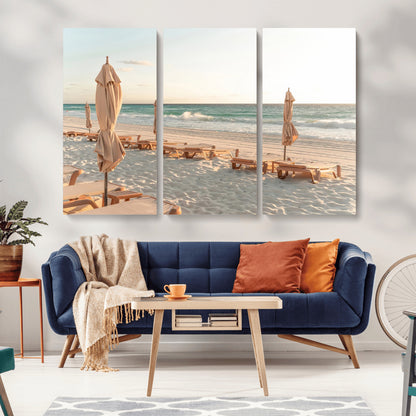 58507949-MGV-CV-36X24-Beach Umbrellas Wall Art Canvas Print, Framed Empty Loungers Art Picture Print, Soft Sand Perfect Minimalist Seaside Decor Artwork
