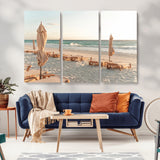 58507949-MGV-CV-36X24-Beach Umbrellas Wall Art Canvas Print, Framed Empty Loungers Art Picture Print, Soft Sand Perfect Minimalist Seaside Decor Artwork